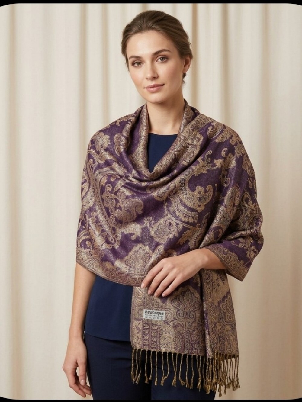 ​Pashmina Silk Blend Shawl Wrap Purple Gold Metallic Paisley Shimmer Fringe...